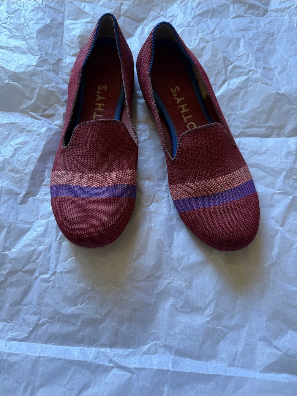 Rothy's Burgundy Knit Flats with Purple and Light Pink Stripes